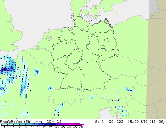 降水量 (6h) ICON-D2 星期六 21.09.2024 00 UTC