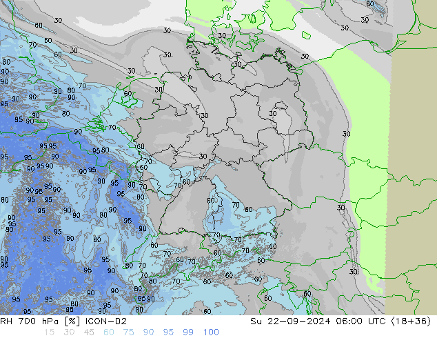 RH 700 hPa ICON-D2 Su 22.09.2024 06 UTC