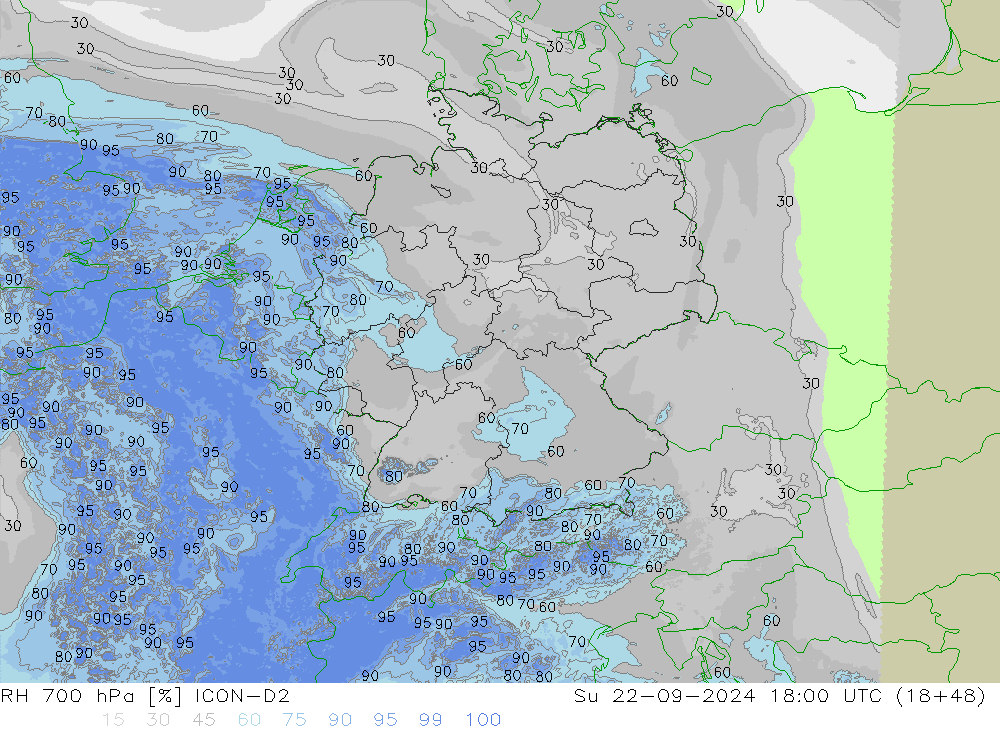 Humedad rel. 700hPa ICON-D2 dom 22.09.2024 18 UTC