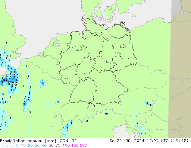 Precipitation accum. ICON-D2 星期六 21.09.2024 12 UTC