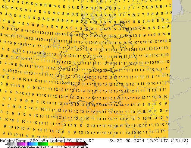 Height/Temp. 850 hPa ICON-D2 nie. 22.09.2024 12 UTC