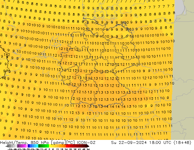 Geop./Temp. 850 hPa ICON-D2 dom 22.09.2024 18 UTC