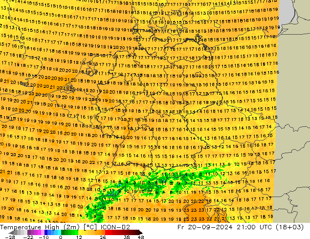 Temperature High (2m) ICON-D2 Fr 20.09.2024 21 UTC