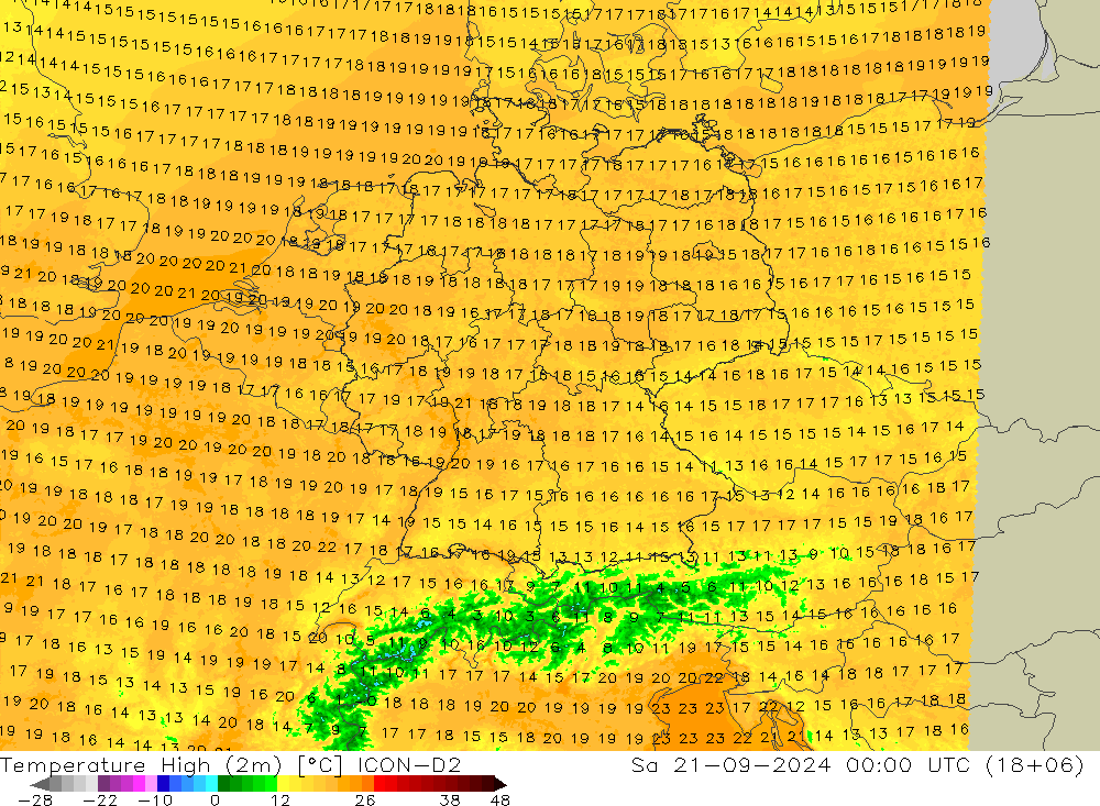 Temperature High (2m) ICON-D2 Sa 21.09.2024 00 UTC