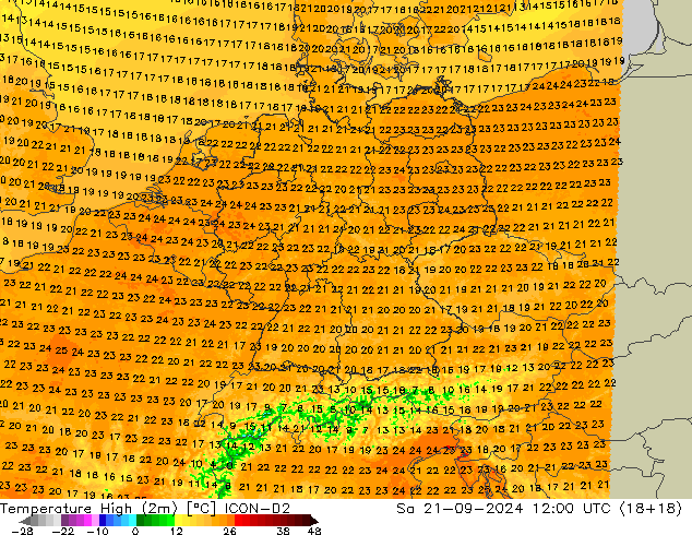 Nejvyšší teplota (2m) ICON-D2 So 21.09.2024 12 UTC