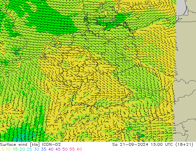 wiatr 10 m ICON-D2 so. 21.09.2024 15 UTC