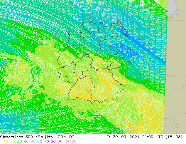 Stroomlijn 300 hPa ICON-D2 vr 20.09.2024 21 UTC