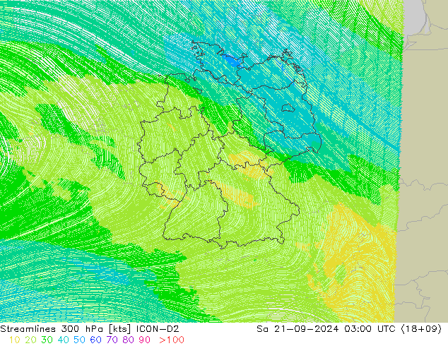 Streamlines 300 hPa ICON-D2 Sa 21.09.2024 03 UTC