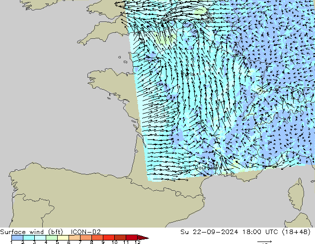 Bodenwind (bft) ICON-D2 So 22.09.2024 18 UTC