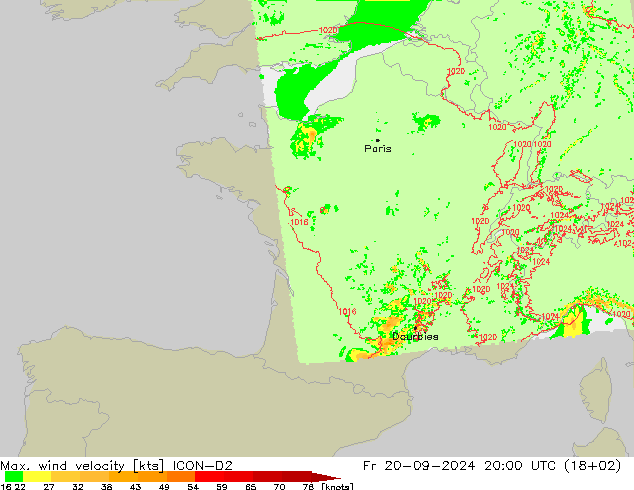 Max. wind velocity ICON-D2 vie 20.09.2024 20 UTC