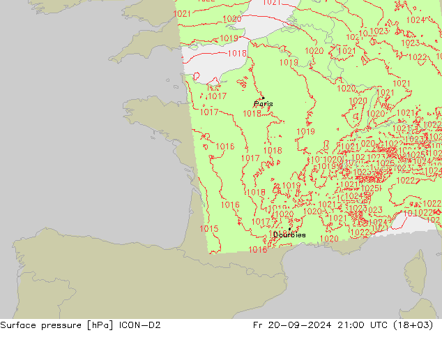 Luchtdruk (Grond) ICON-D2 vr 20.09.2024 21 UTC