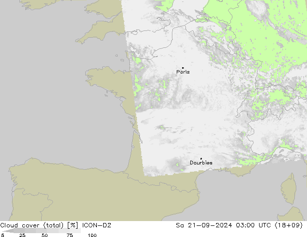 Nuages (total) ICON-D2 sam 21.09.2024 03 UTC