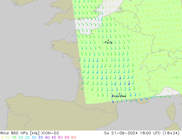 ветер 850 гПа ICON-D2 сб 21.09.2024 18 UTC
