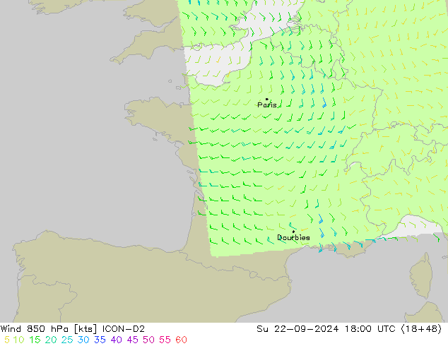 Rüzgar 850 hPa ICON-D2 Paz 22.09.2024 18 UTC