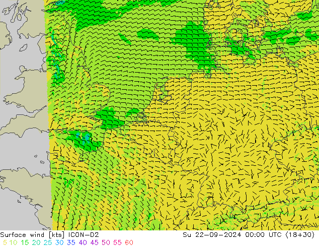 Surface wind ICON-D2 Su 22.09.2024 00 UTC