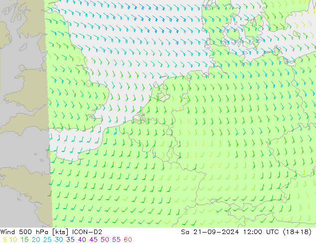 Wind 500 hPa ICON-D2 za 21.09.2024 12 UTC