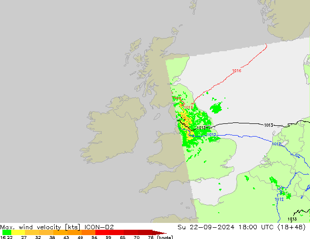 Max. wind velocity ICON-D2 Dom 22.09.2024 18 UTC