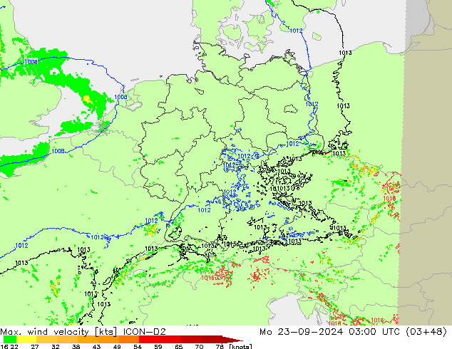 Max. wind snelheid ICON-D2 ma 23.09.2024 03 UTC