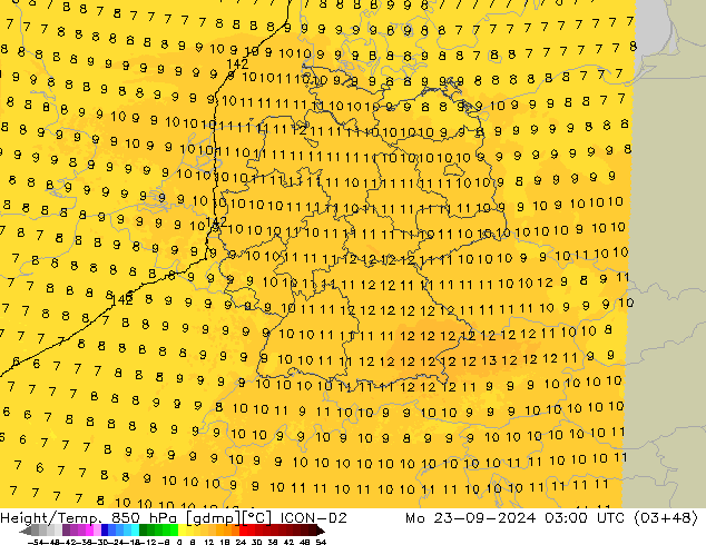 Height/Temp. 850 hPa ICON-D2 Mo 23.09.2024 03 UTC