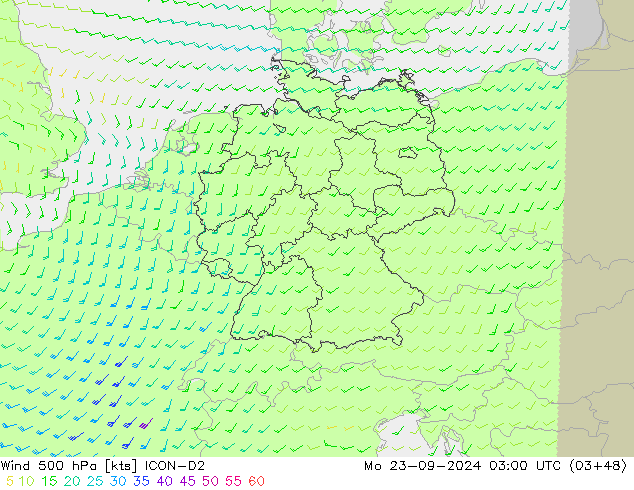 Rüzgar 500 hPa ICON-D2 Pzt 23.09.2024 03 UTC