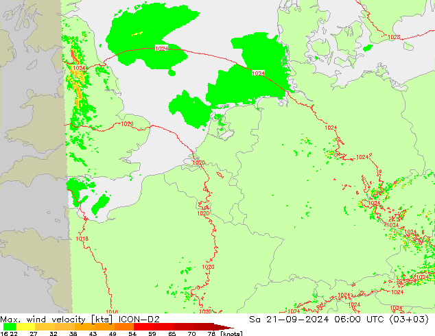 Max. wind velocity ICON-D2 sab 21.09.2024 06 UTC