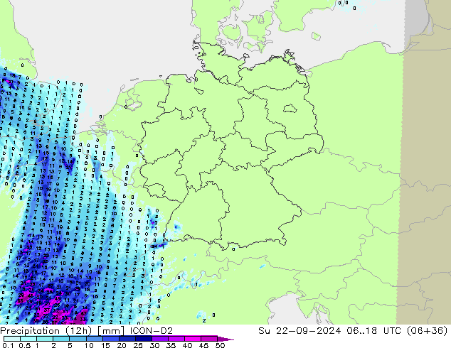 降水量 (12h) ICON-D2 星期日 22.09.2024 18 UTC