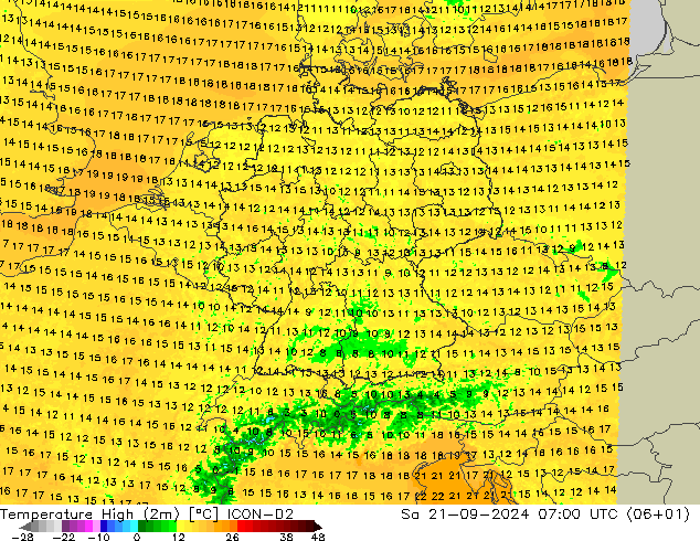 Temperature High (2m) ICON-D2 星期六 21.09.2024 07 UTC