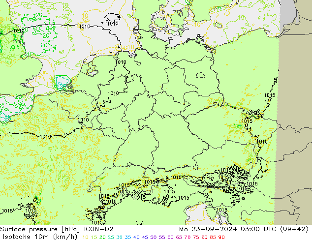 10米等风速线 (kph) ICON-D2 星期一 23.09.2024 03 UTC