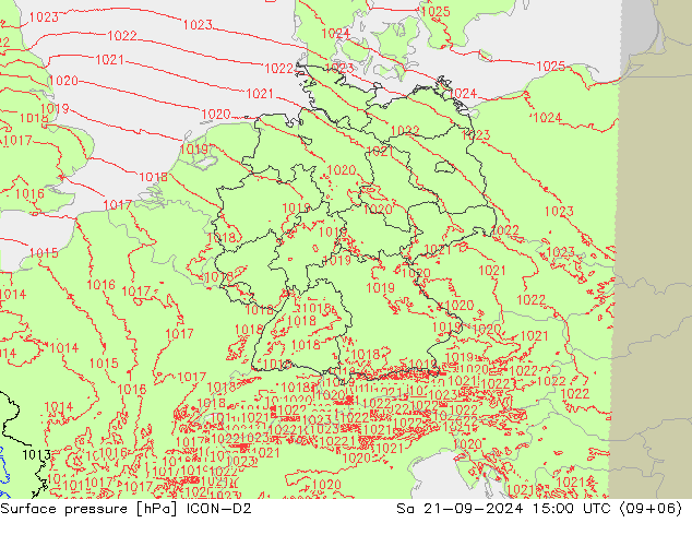 Presión superficial ICON-D2 sáb 21.09.2024 15 UTC