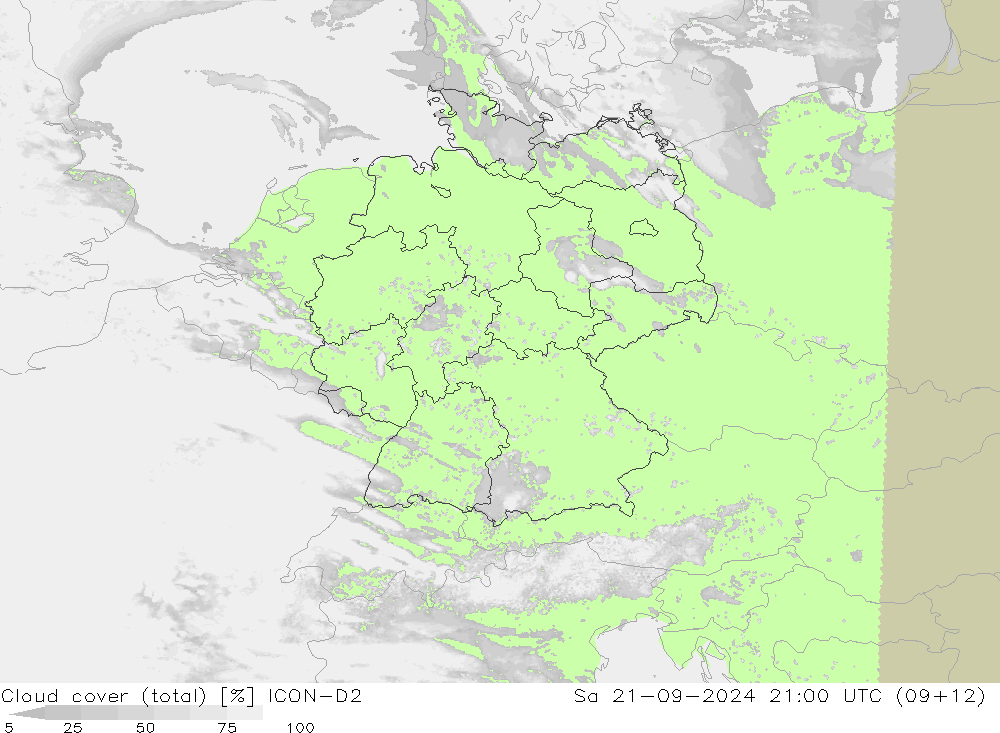 Nubes (total) ICON-D2 sáb 21.09.2024 21 UTC