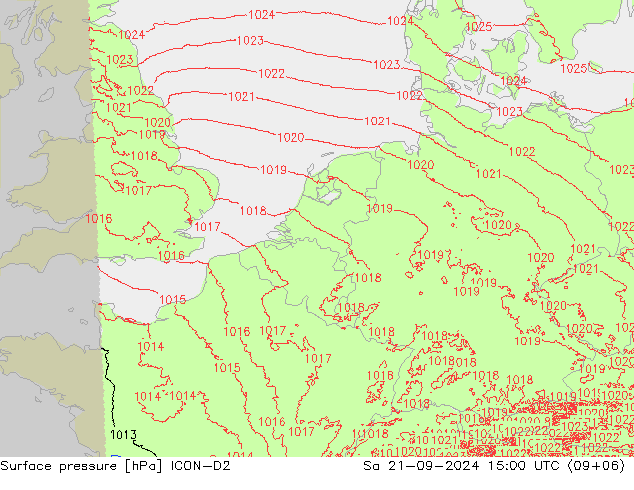 Presión superficial ICON-D2 sáb 21.09.2024 15 UTC
