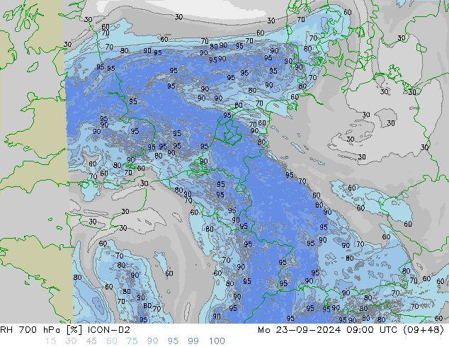 RH 700 hPa ICON-D2 星期一 23.09.2024 09 UTC