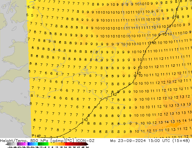 Geop./Temp. 850 hPa ICON-D2 lun 23.09.2024 15 UTC