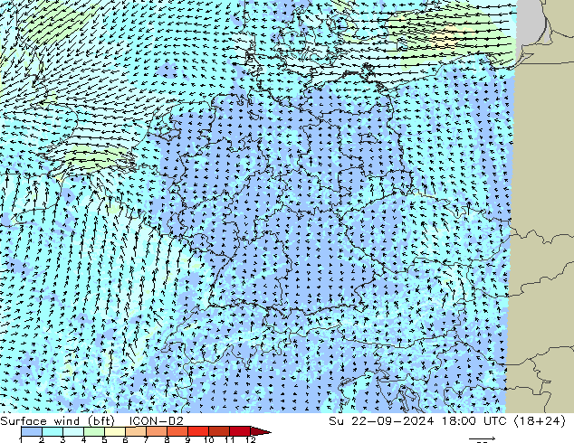 �N 10 米 (bft) ICON-D2 星期日 22.09.2024 18 UTC