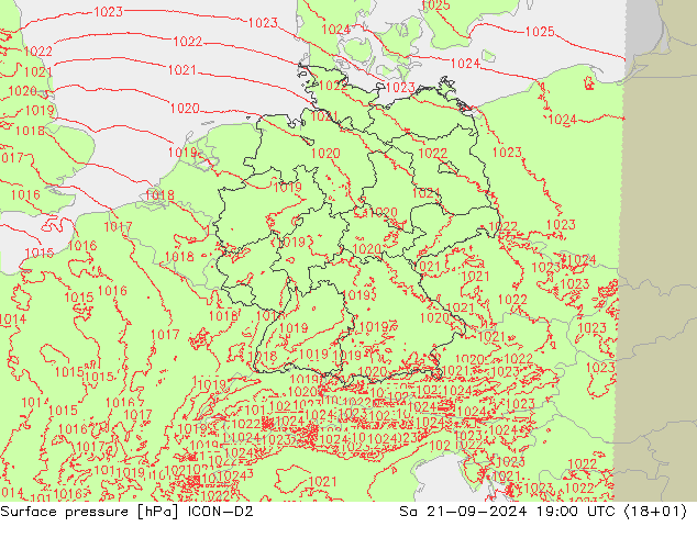 Presión superficial ICON-D2 sáb 21.09.2024 19 UTC