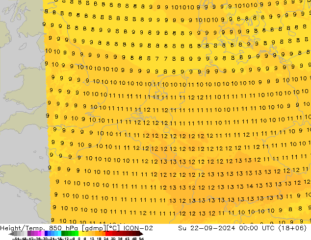 Geop./Temp. 850 hPa ICON-D2 dom 22.09.2024 00 UTC