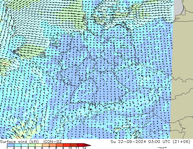 Surface wind (bft) ICON-D2 Ne 22.09.2024 03 UTC