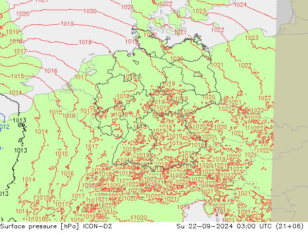 Luchtdruk (Grond) ICON-D2 zo 22.09.2024 03 UTC