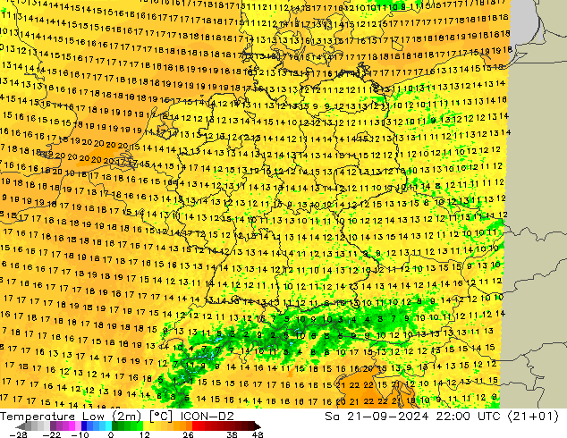 Temperature Low (2m) ICON-D2 星期六 21.09.2024 22 UTC