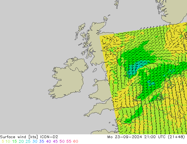 风 10 米 ICON-D2 星期一 23.09.2024 21 UTC