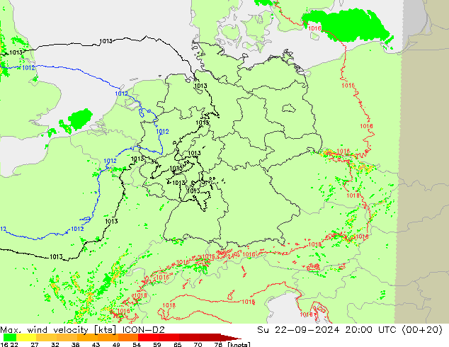 Max. wind velocity ICON-D2 dom 22.09.2024 20 UTC