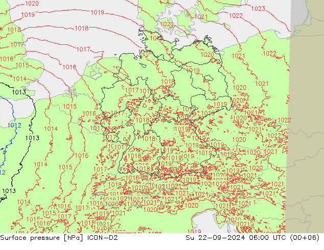 Pressione al suolo ICON-D2 dom 22.09.2024 06 UTC