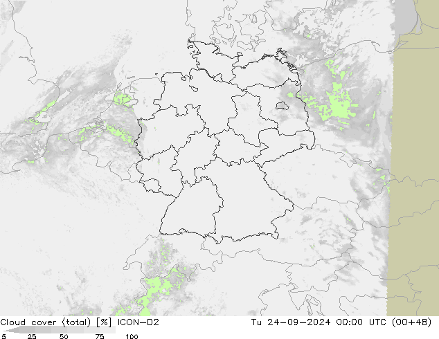 Cloud cover (total) ICON-D2 Út 24.09.2024 00 UTC