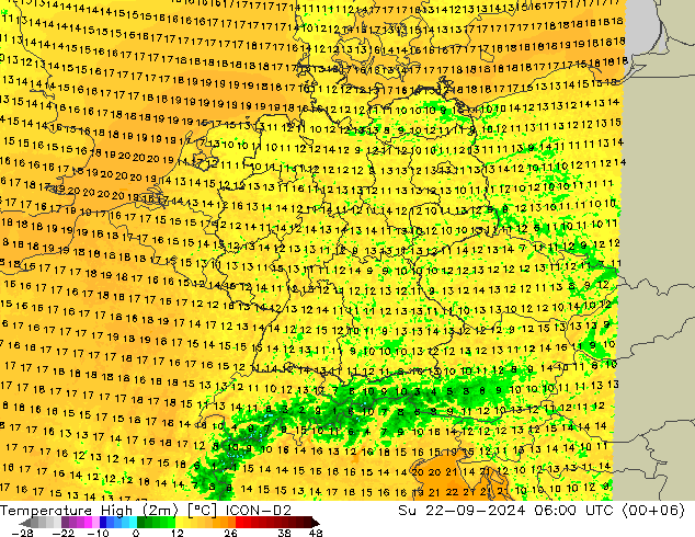 Temperature High (2m) ICON-D2 Su 22.09.2024 06 UTC