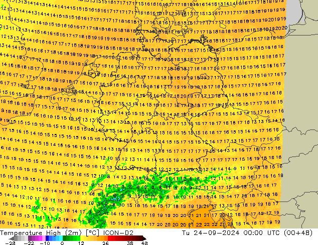 Max.temperatuur (2m) ICON-D2 di 24.09.2024 00 UTC