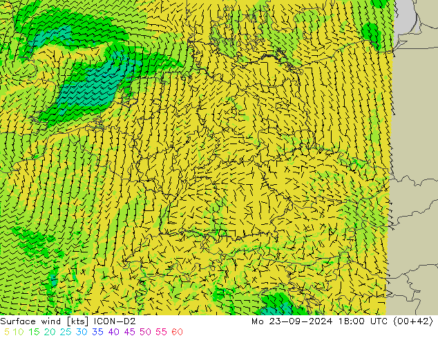 ветер 10 m ICON-D2 пн 23.09.2024 18 UTC