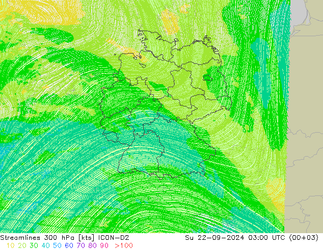 Stromlinien 300 hPa ICON-D2 So 22.09.2024 03 UTC