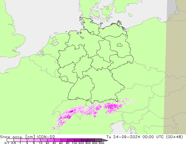 Snow accu. ICON-D2 Tu 24.09.2024 00 UTC