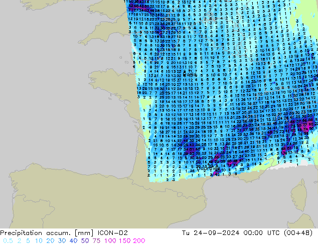 Precipitation accum. ICON-D2 mar 24.09.2024 00 UTC