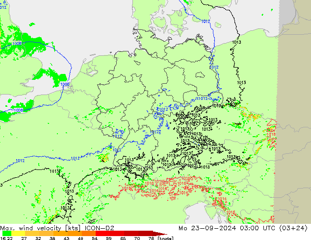 Max. wind velocity ICON-D2 Po 23.09.2024 03 UTC